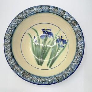Ruthann Maze Hand Thrown Painted Iris Floral Ceramic Bowl Serving Dish Stoneware